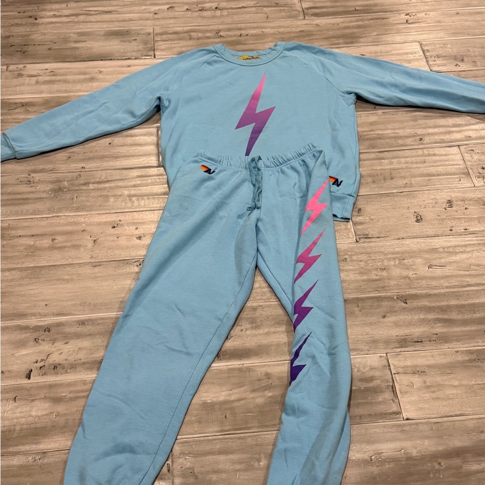 Aviator Nation Blue Sweatshirt and Joggers Set with ombre Lightning Bolt